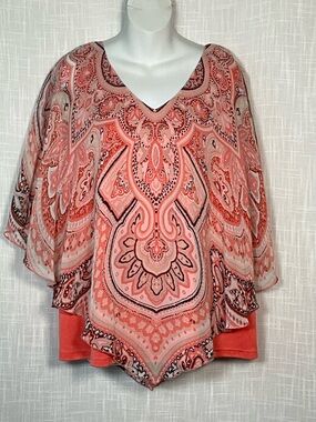Sara Michelle Blouse Size 1X Coral and Pink Paisley Layered V-Neck